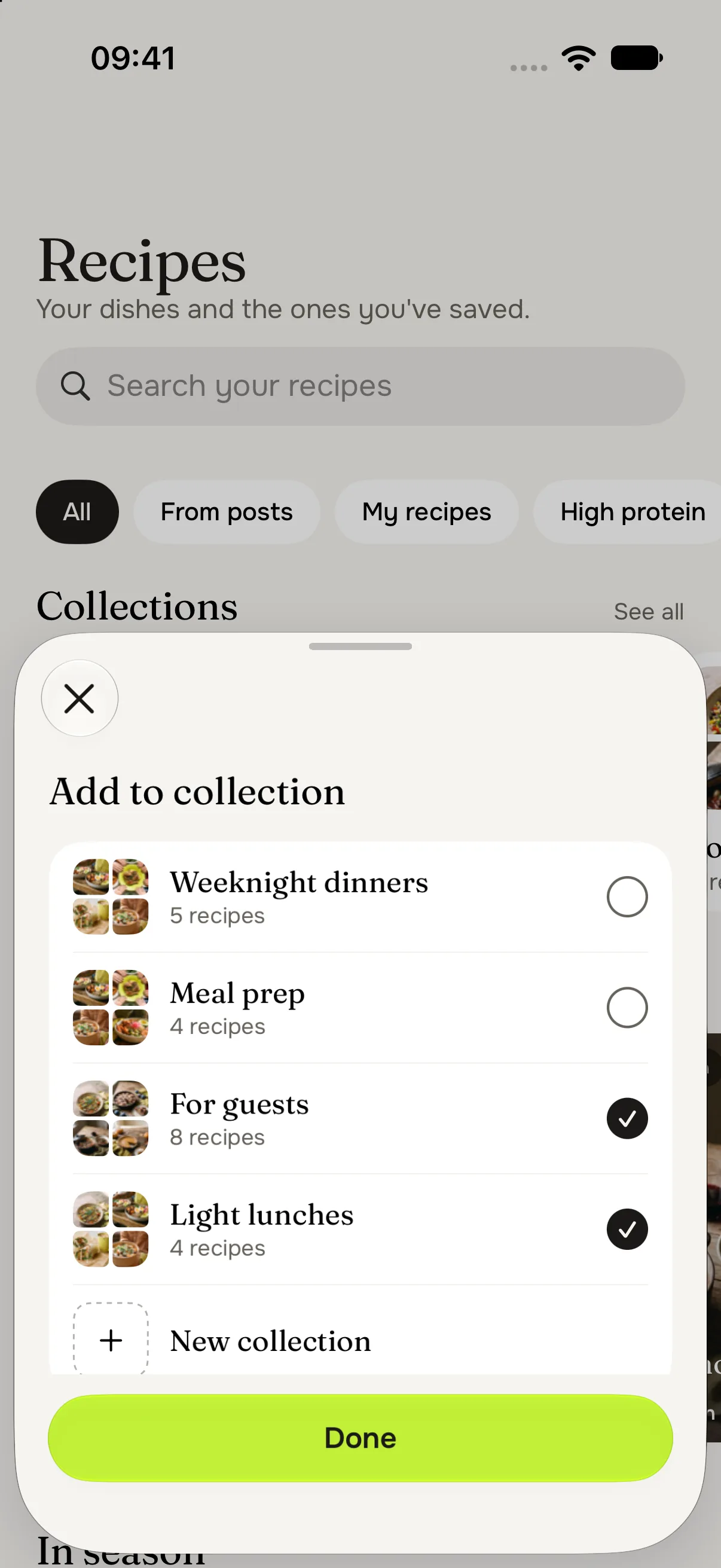 The Add to collection sheet: Weeknight dinners and Meal prep unticked, For guests and Light lunches ticked, a New collection row and a Done button