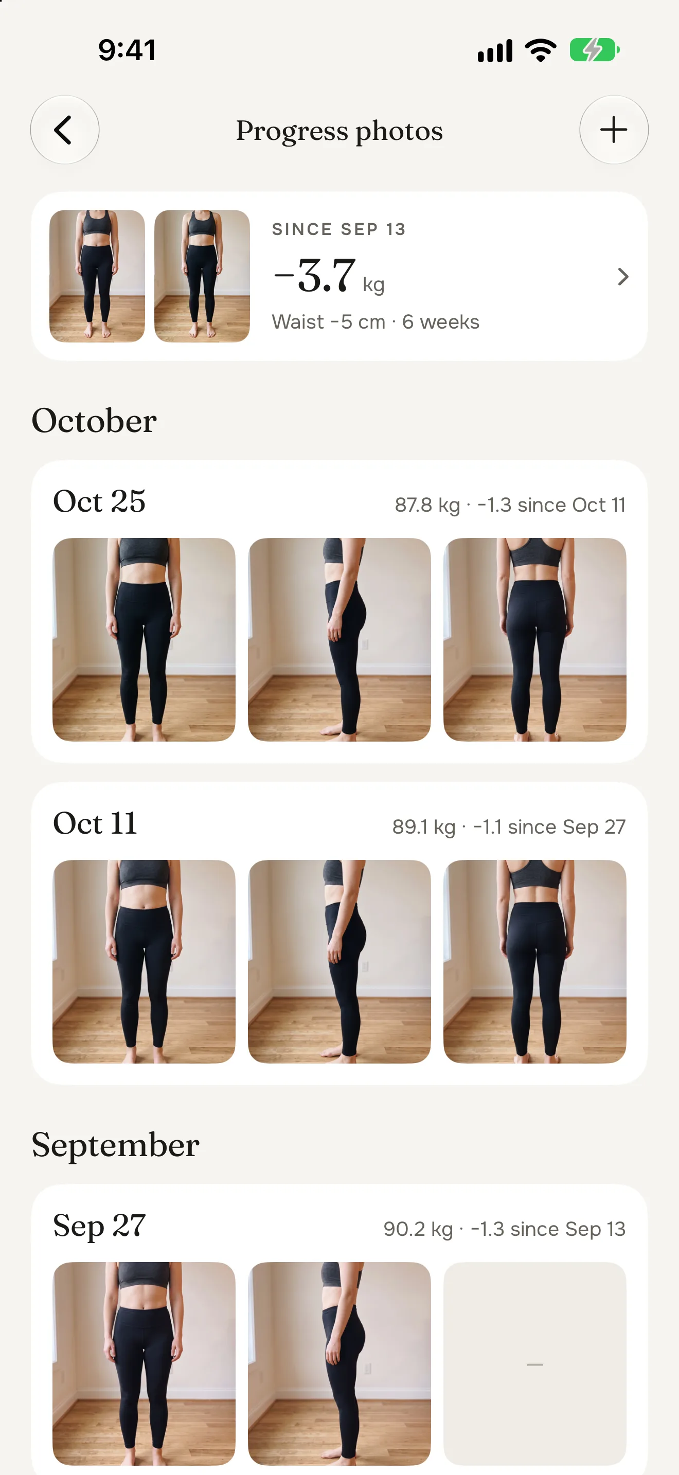 Progress photos by month, each check-in with its front, side and back and that day's weight