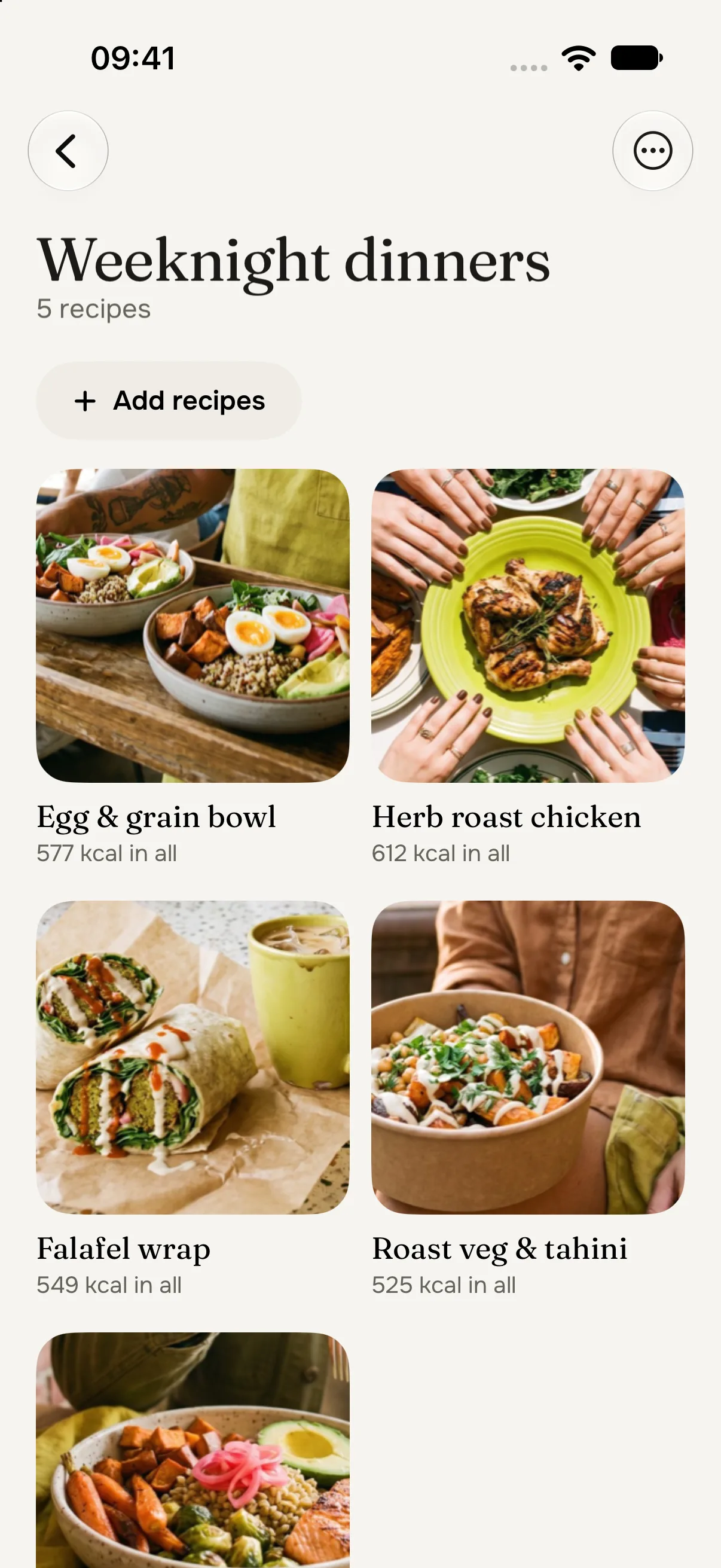 A collection called Weeknight dinners, 5 recipes: an Add recipes button above a grid of recipe photos with their names and calories