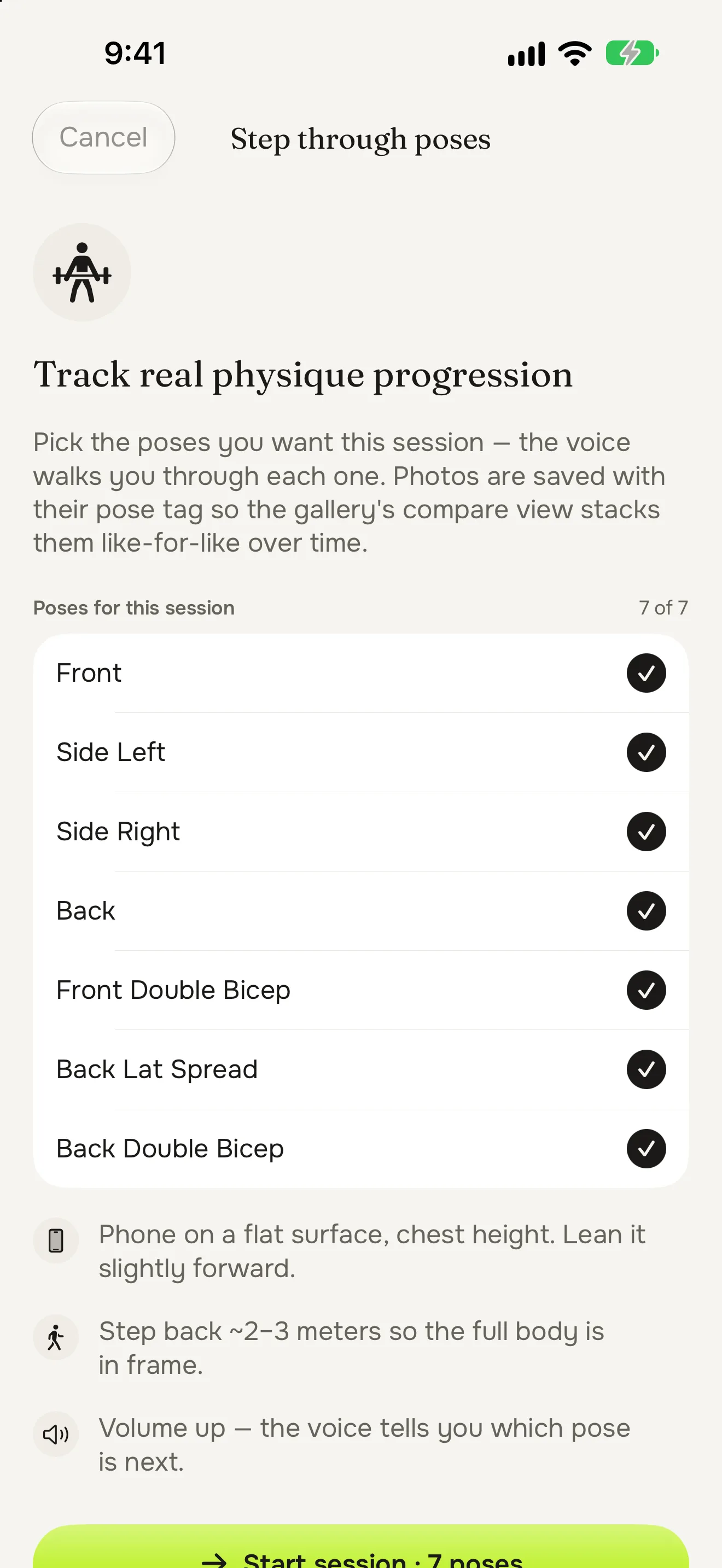 The hands-free session's poses: front, both sides, back and four bodybuilding poses, each one on or off