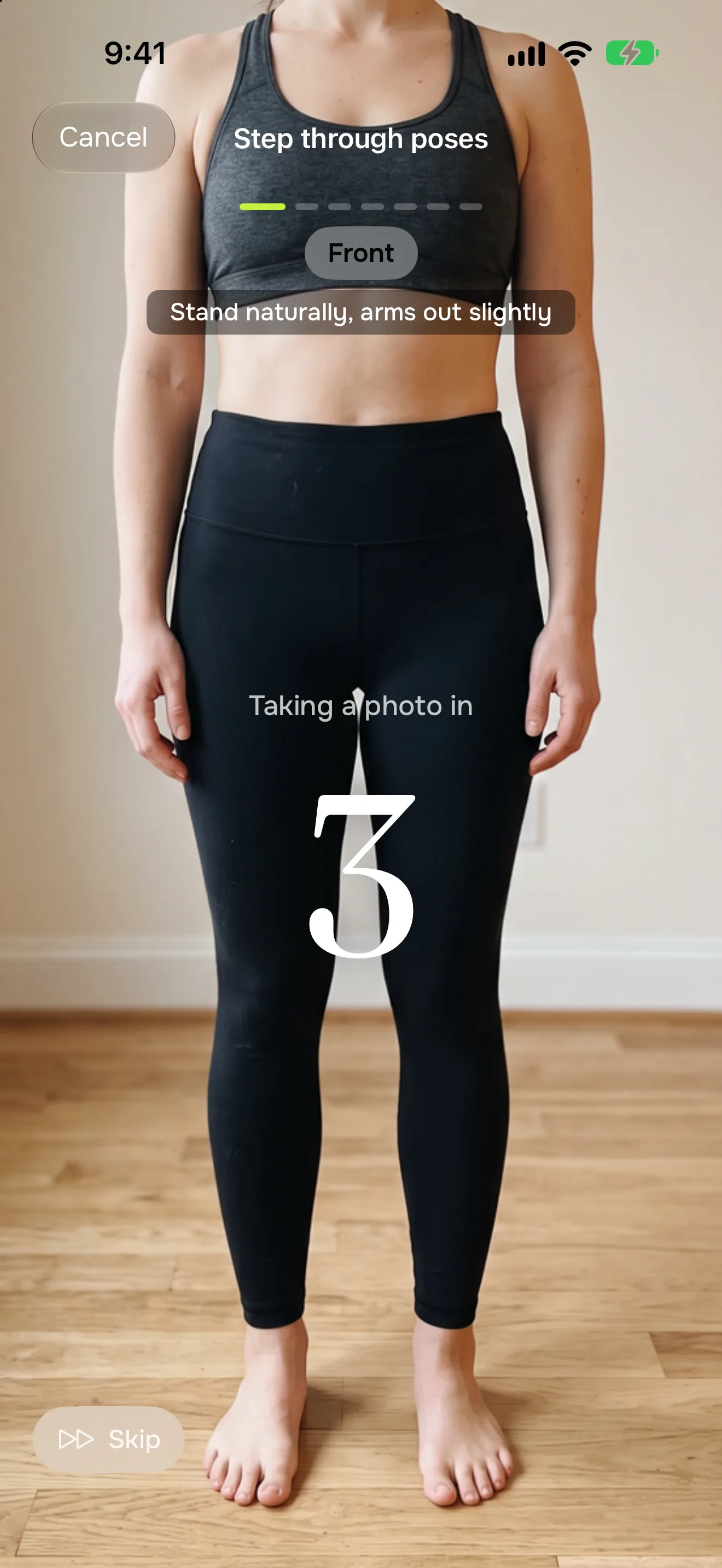 The hands-free session counting down to the front photo, the poses still to come shown as dots