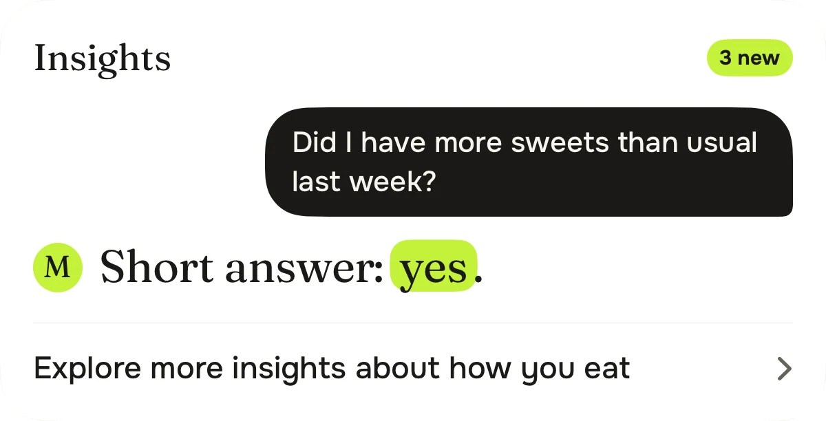 The Insights card on the Progress tab: Did I have more sweets than usual last week? Short answer: yes. Explore more insights about how you eat