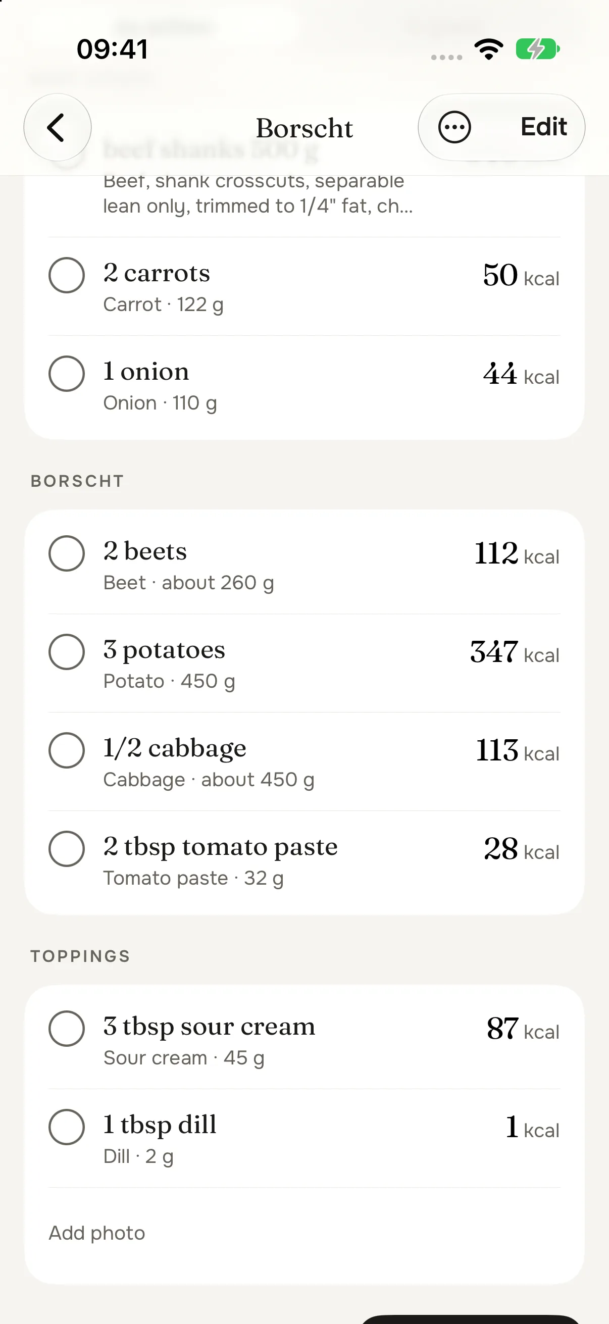 A saved borscht: the ingredients under the recipe's own headings, Borscht and Toppings, each matched to a food with its weight and calories