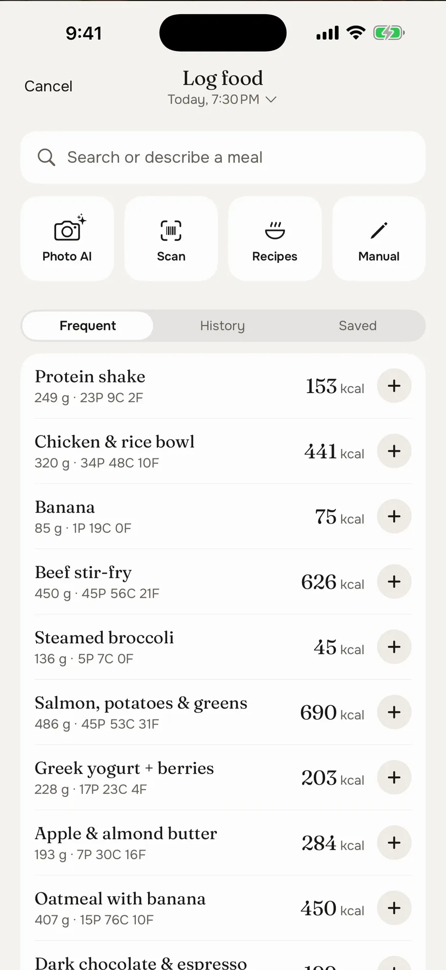 Log food: a search for yogurt finds Greek yogurt with berries from your log, 228 g at 203 kcal, then yogurts from the built-in table and USDA, each with protein, carbs and fat, and 3 items ready to log